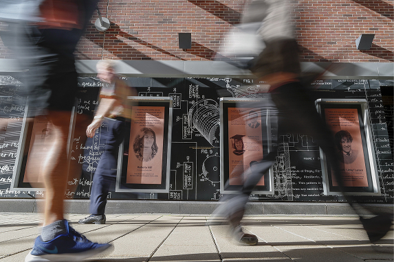 A blurred image of students walking past a wall featuring past female scientists 